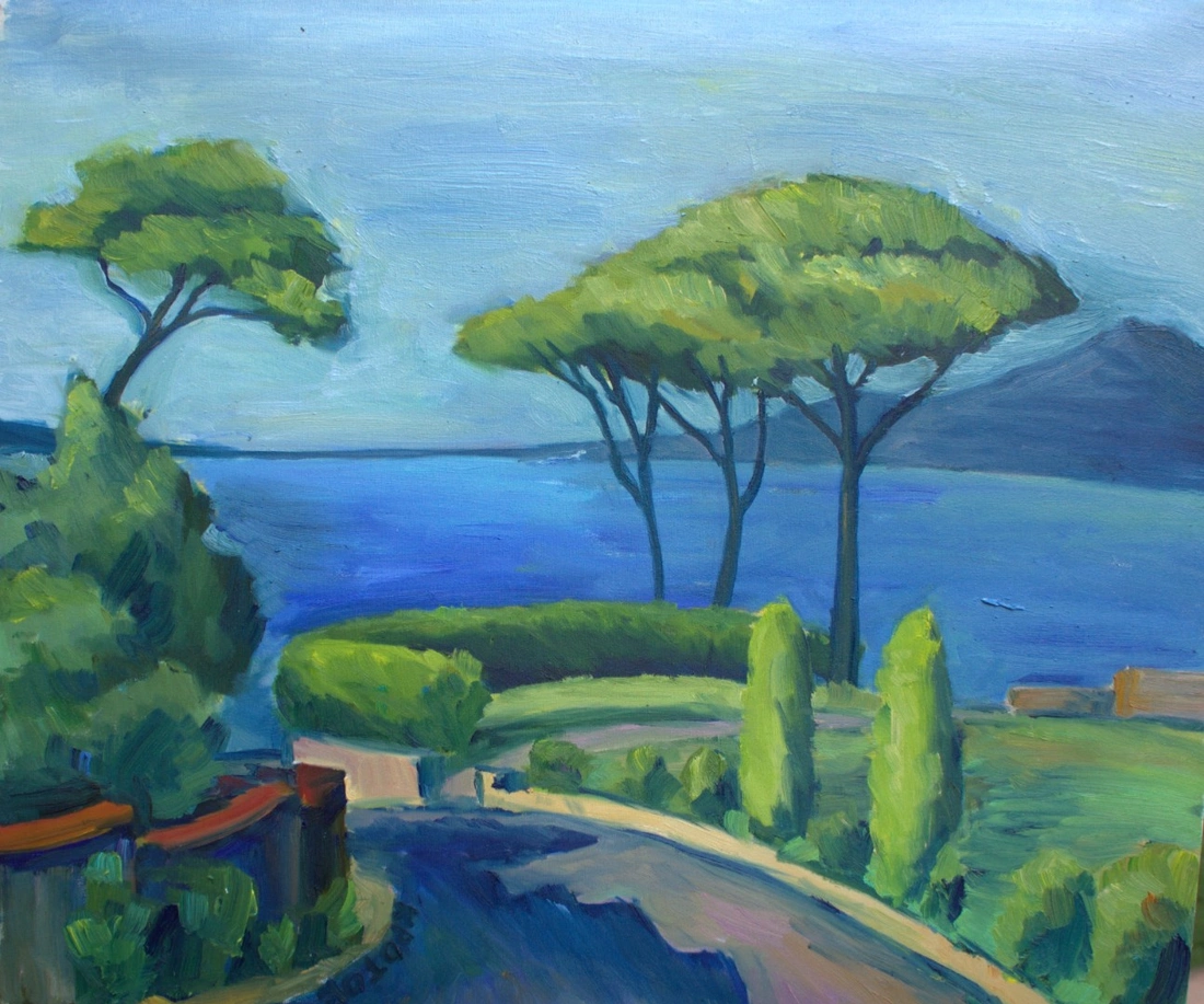 Sergey Krotov painting. View of Vesuvius on a hot green day