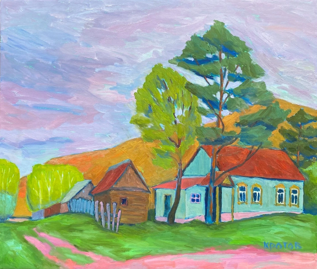 Sergey Krotov art. View of the Monastery mountain from Nekrasov Street in cloudy weather. The village of Shiryaevo